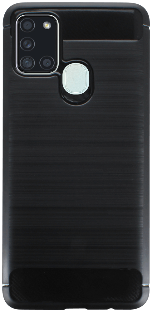 Samsung Galaxy A21s (SM-A217F) ütésálló szilikon tok szálcsiszolt-karbon minta légpárnás sarok fekete