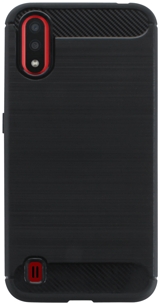 Samsung Galaxy A01 ( SM-A015F) ütésálló szilikon tok szálcsiszolt-karbon minta légpárnás sarok fekete