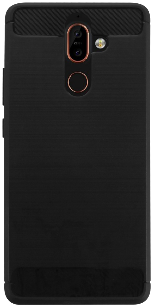 Nokia 7 Plus ütésálló szilikon tok szálcsiszolt-karbon minta légpárnás sarok fekete
