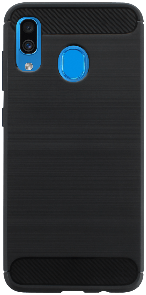Samsung Galaxy A20 (SM-205) ütésálló szilikon tok szálcsiszolt-karbon minta légpárnás sarok fekete