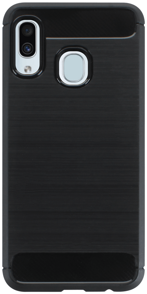 Samsung Galaxy A20e (SM-A202F) ütésálló szilikon tok szálcsiszolt-karbon minta légpárnás sarok fekete