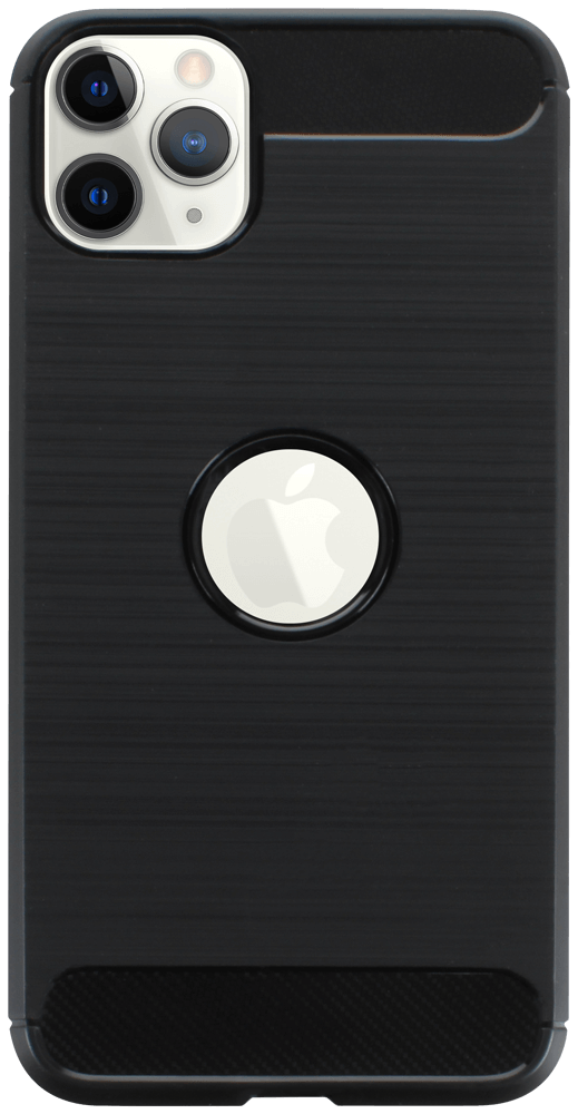 Apple iPhone 11 Pro Max ütésálló szilikon tok szálcsiszolt-karbon minta légpárnás sarok logó kihagyós fekete