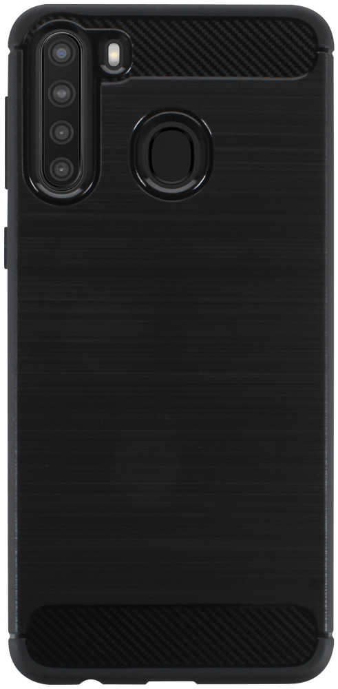 Samsung Galaxy A21 (SM-A210F) ütésálló szilikon tok szálcsiszolt-karbon minta légpárnás sarok fekete