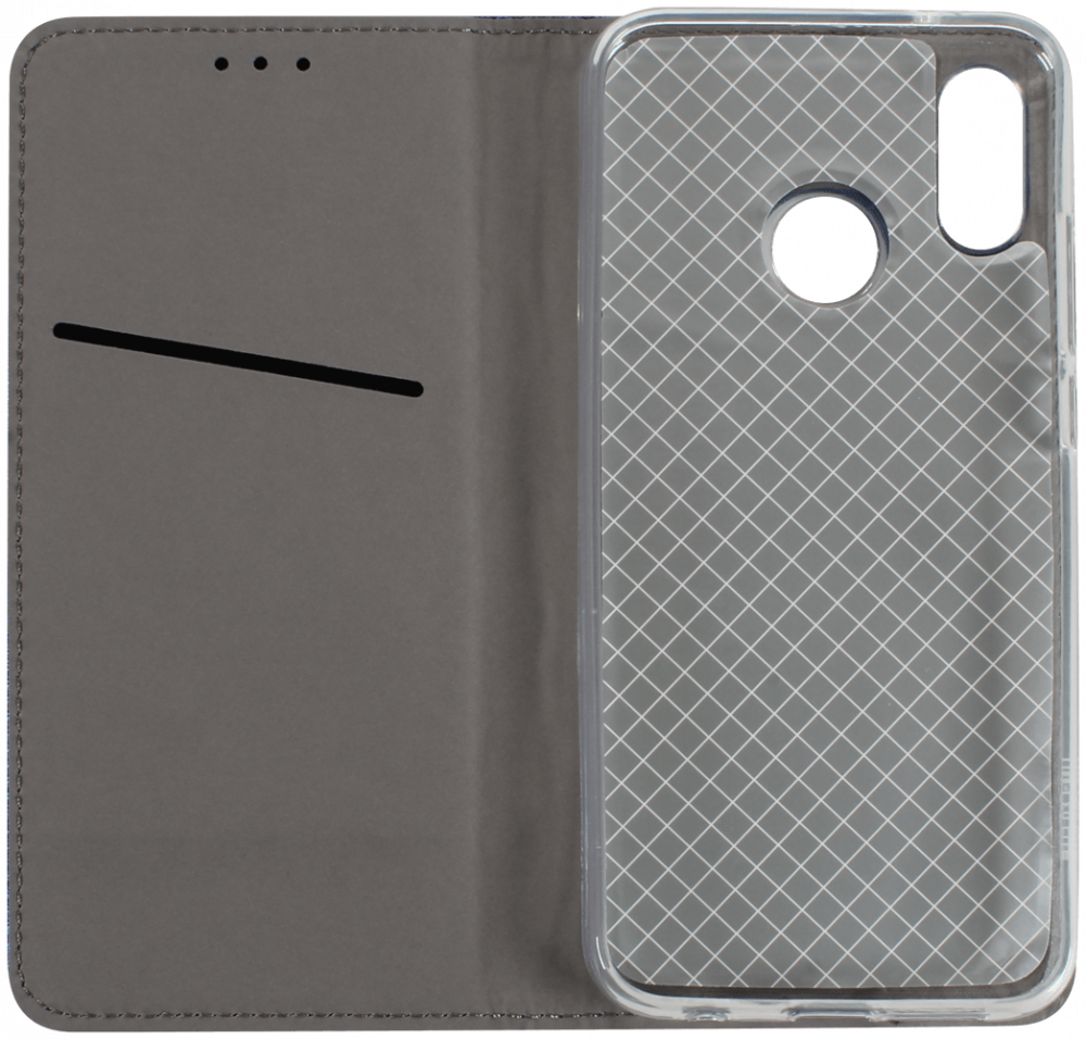 Huawei P20 Lite oldalra nyíló flipes bőrtok rombusz mintás sötétkék