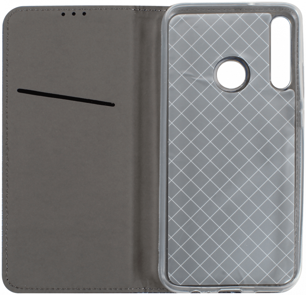 Huawei P40 Lite E oldalra nyíló flipes bőrtok rombusz mintás sötétkék