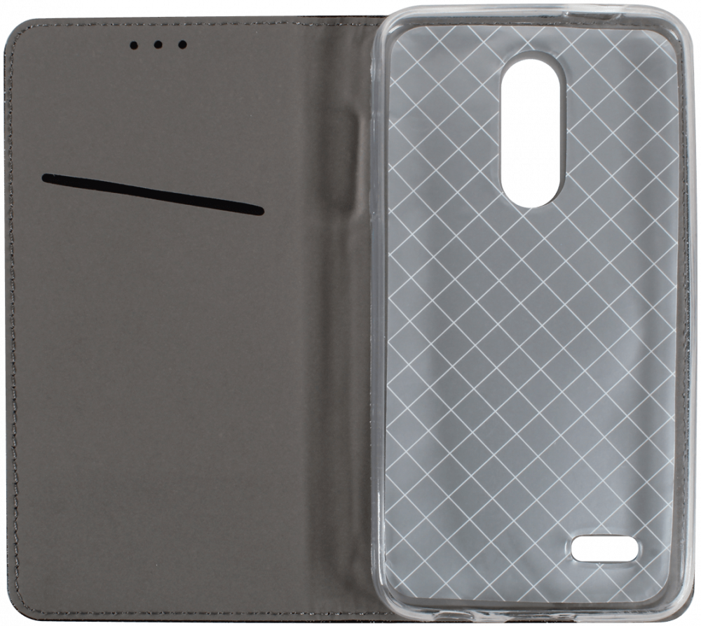 LG K10 2018 oldalra nyíló flipes bőrtok rombusz mintás fekete