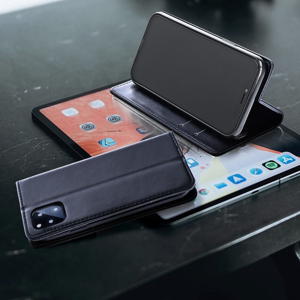 Apple iPhone X oldalra nyíló flipes bőrtok asztali tartó funkciós sötétkék