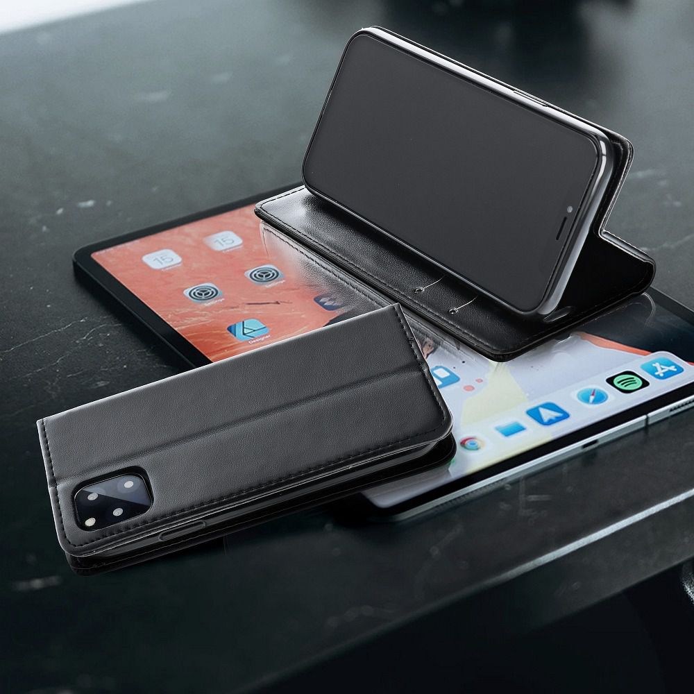 Apple iPhone XS oldalra nyíló flipes bőrtok asztali tartó funkciós fekete