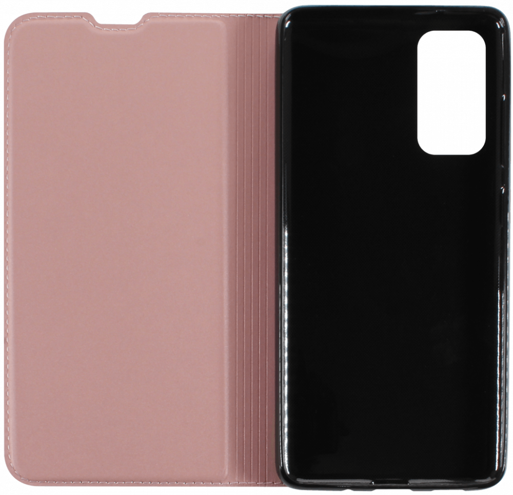 Samsung Galaxy S20 FE oldalra nyíló flipes bőrtok elől-hátul mágneses rozéarany