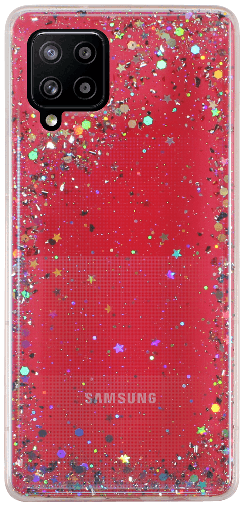 Samsung Galaxy A42 5G (SM-A426B) kemény hátlap szilikon kerettel flitteres átlátszó piros