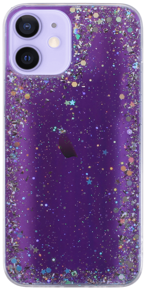 Apple iPhone 12 kemény hátlap szilikon kerettel flitteres átlátszó lila