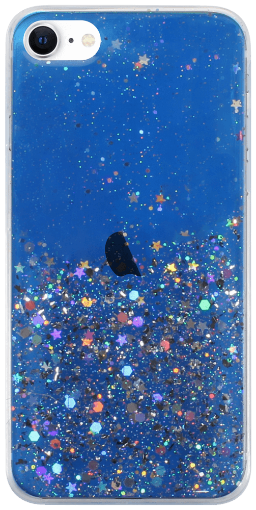 Apple iPhone SE (2022) kemény hátlap szilikon kerettel flitteres átlátszó kék