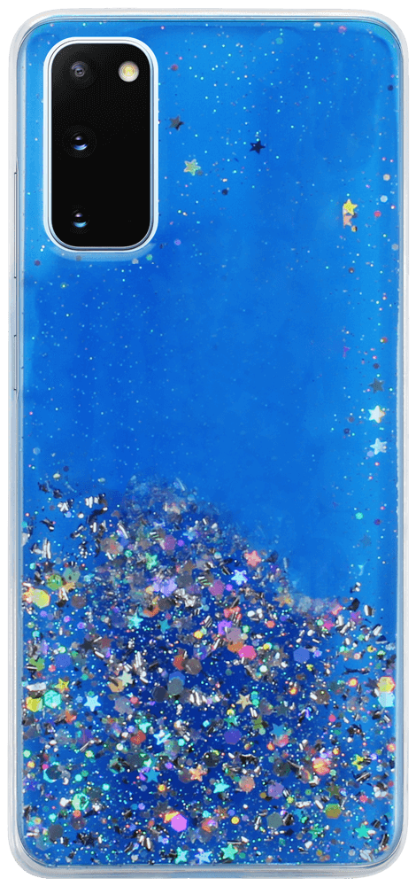Samsung Galaxy S20 (SM-G980F) kemény hátlap szilikon kerettel flitteres átlátszó kék