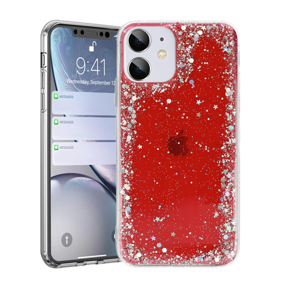 Apple iPhone 12 kemény hátlap szilikon kerettel flitteres átlátszó piros