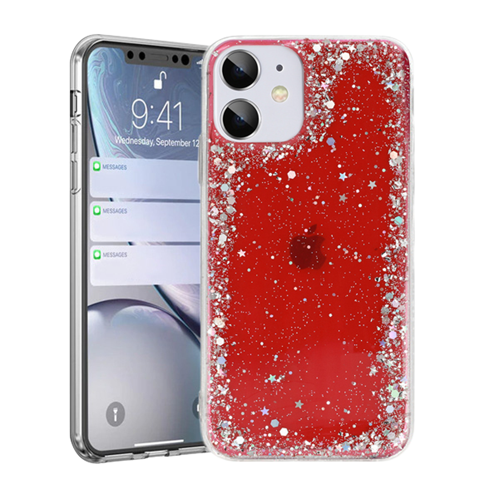 Apple iPhone 12 Pro kemény hátlap szilikon kerettel flitteres átlátszó piros