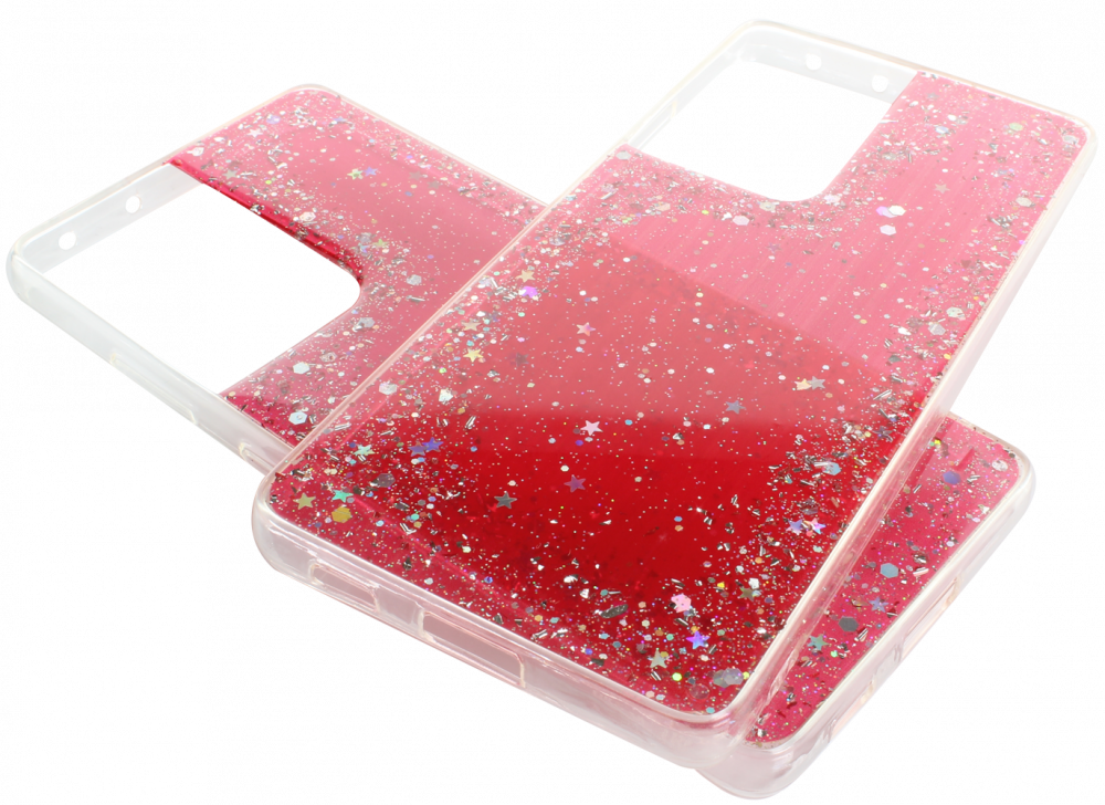 Apple iPhone 12 Pro kemény hátlap szilikon kerettel flitteres átlátszó piros