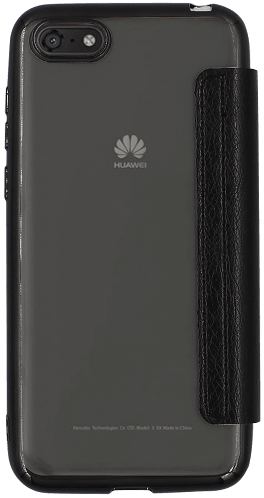 Huawei Y5 Lite 2018 oldalra nyíló flipes bőrtok átlátszó szilikon hátlap, fémhatású keret fekete