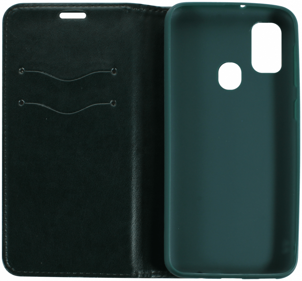 Samsung Galaxy M21 (SM-M215F) oldalra nyíló flipes bőrtok asztali tartó funkciós sötétzöld