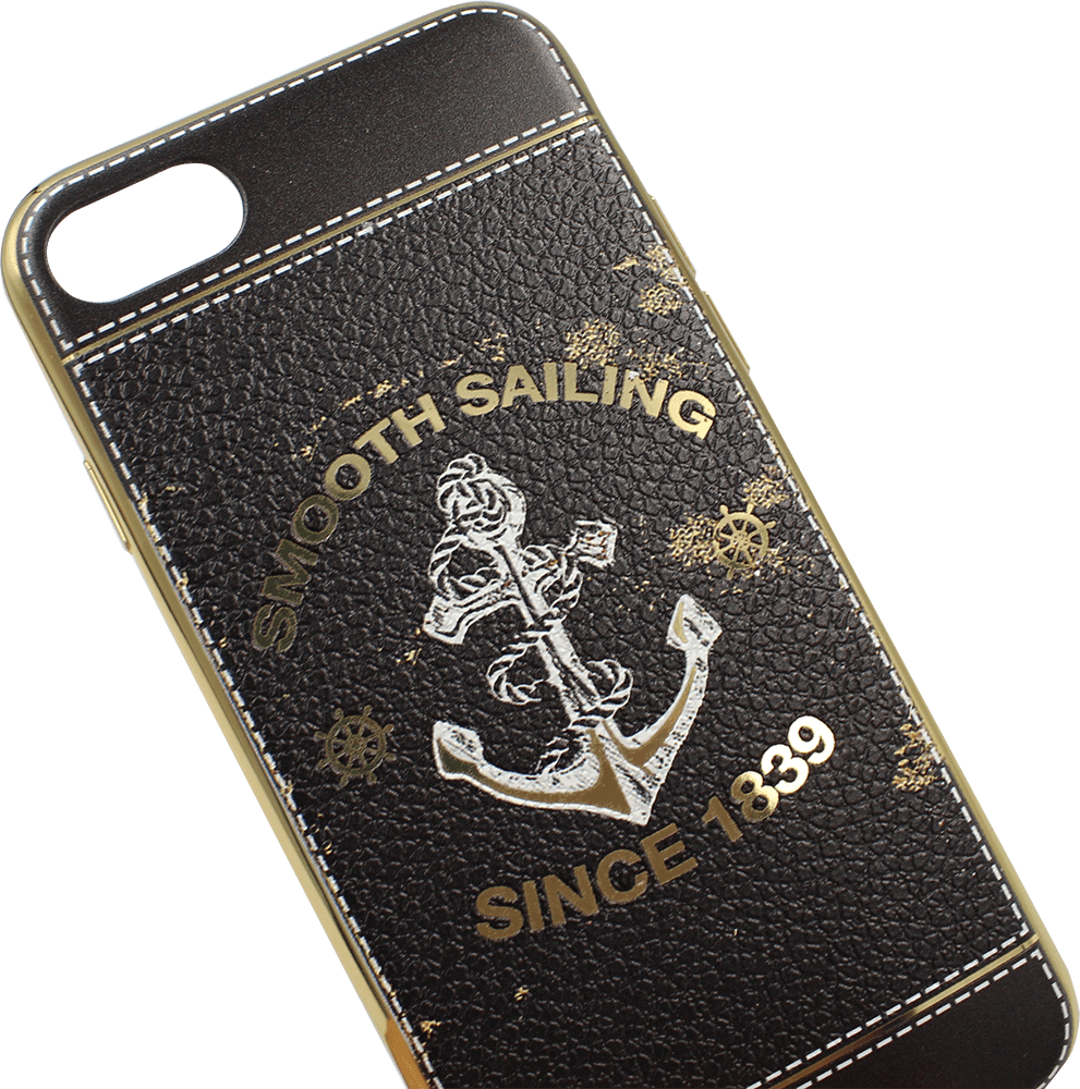 Apple iPhone SE (2022) szilikon tok bőrhatású smooth sailing mintás fekete/arany