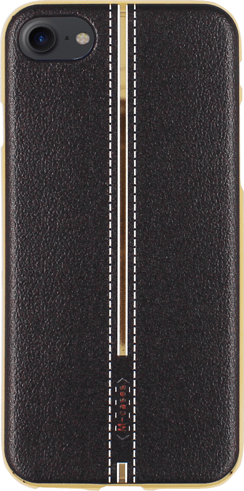 Apple iPhone SE (2022) szilikon tok bőrhatású középen varrott mintával fekete arany kerettel