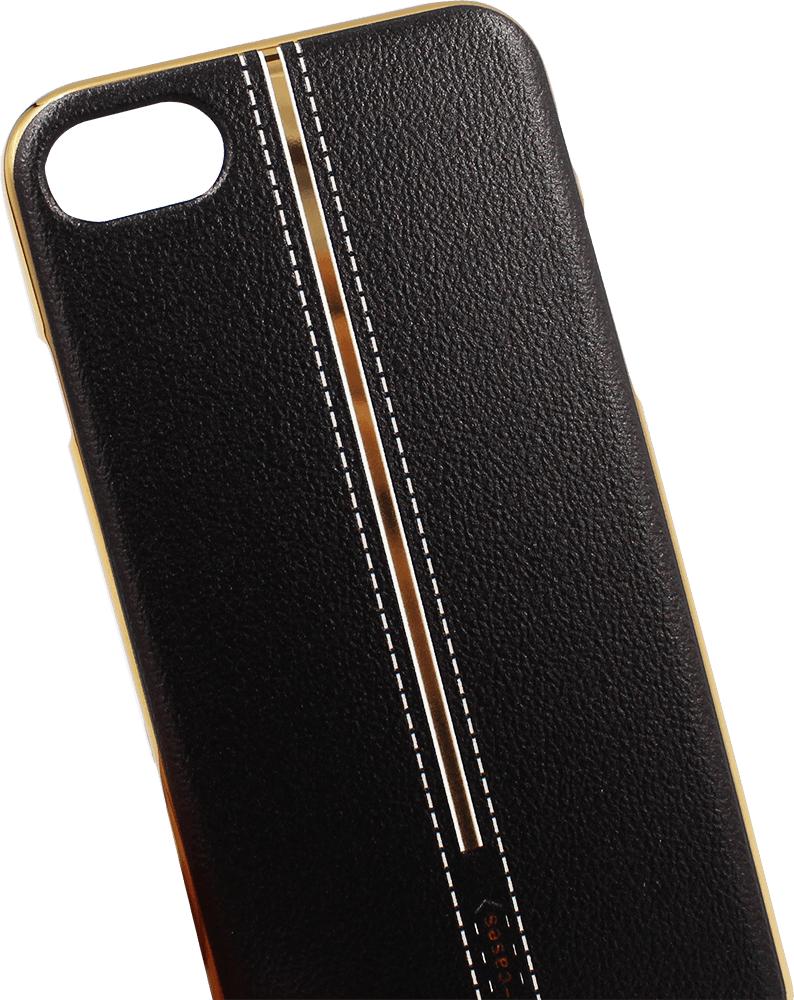 Apple iPhone SE (2022) szilikon tok bőrhatású középen varrott mintával fekete arany kerettel