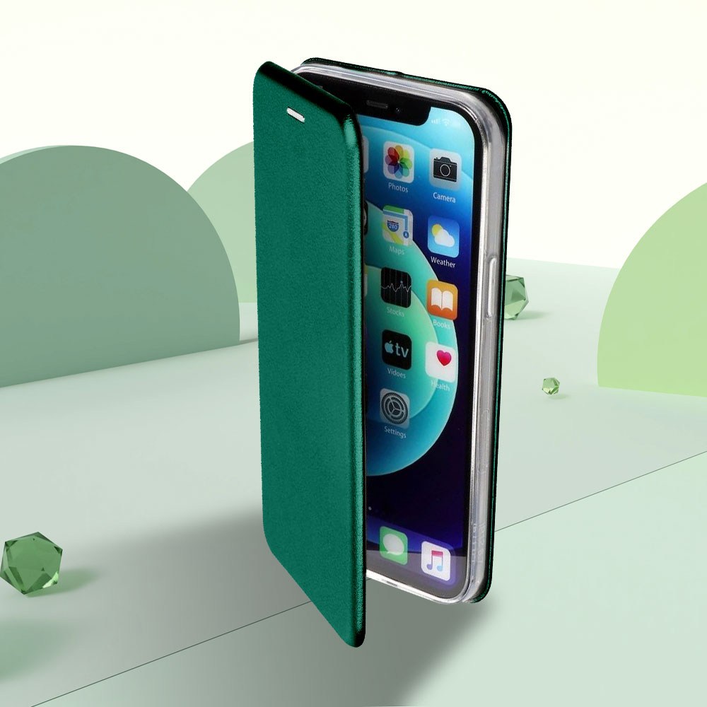 Apple iPhone 12 oldalra nyíló mágneses flipes bőrtok prémium minőség sötétzöld