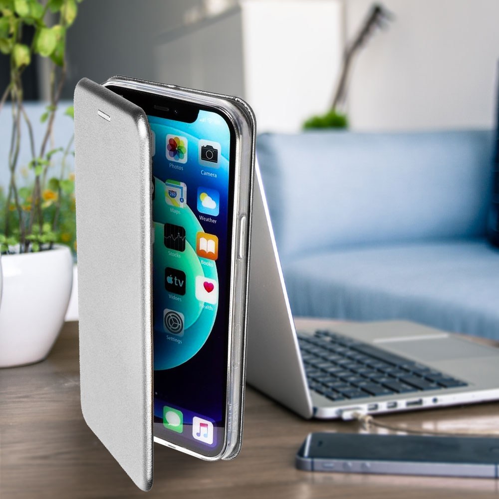 Huawei Y7 2019 oldalra nyíló mágneses flipes bőrtok prémium minőség ezüst