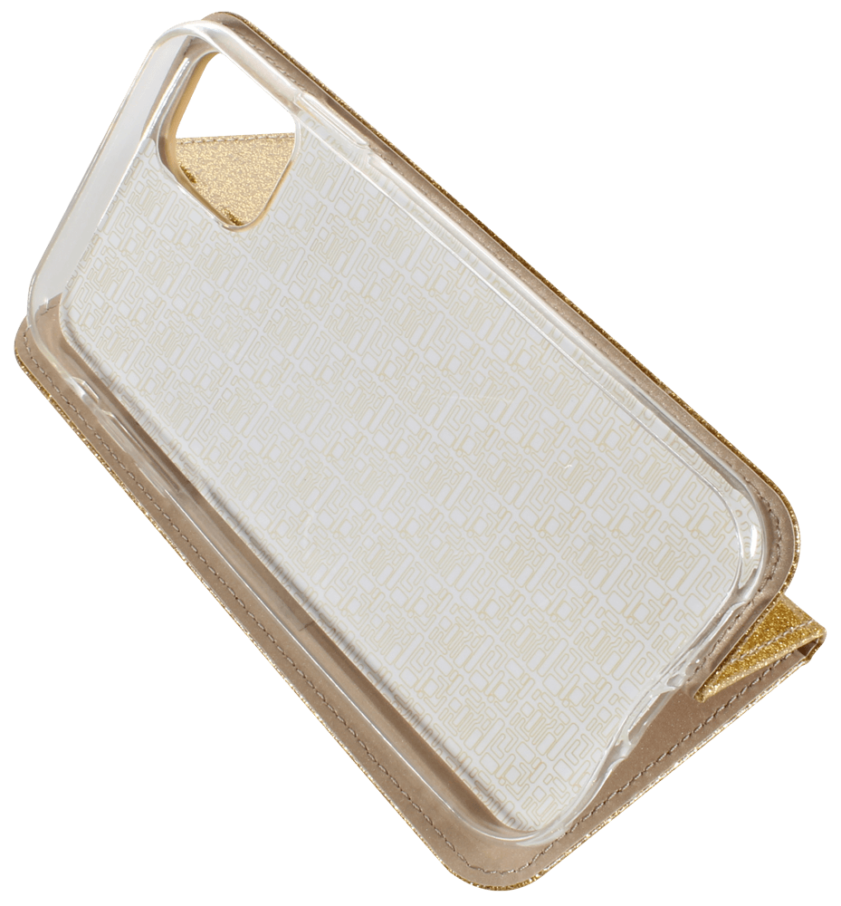 Apple iPhone 11 oldalra nyíló flipes bőrtok csillámos arany