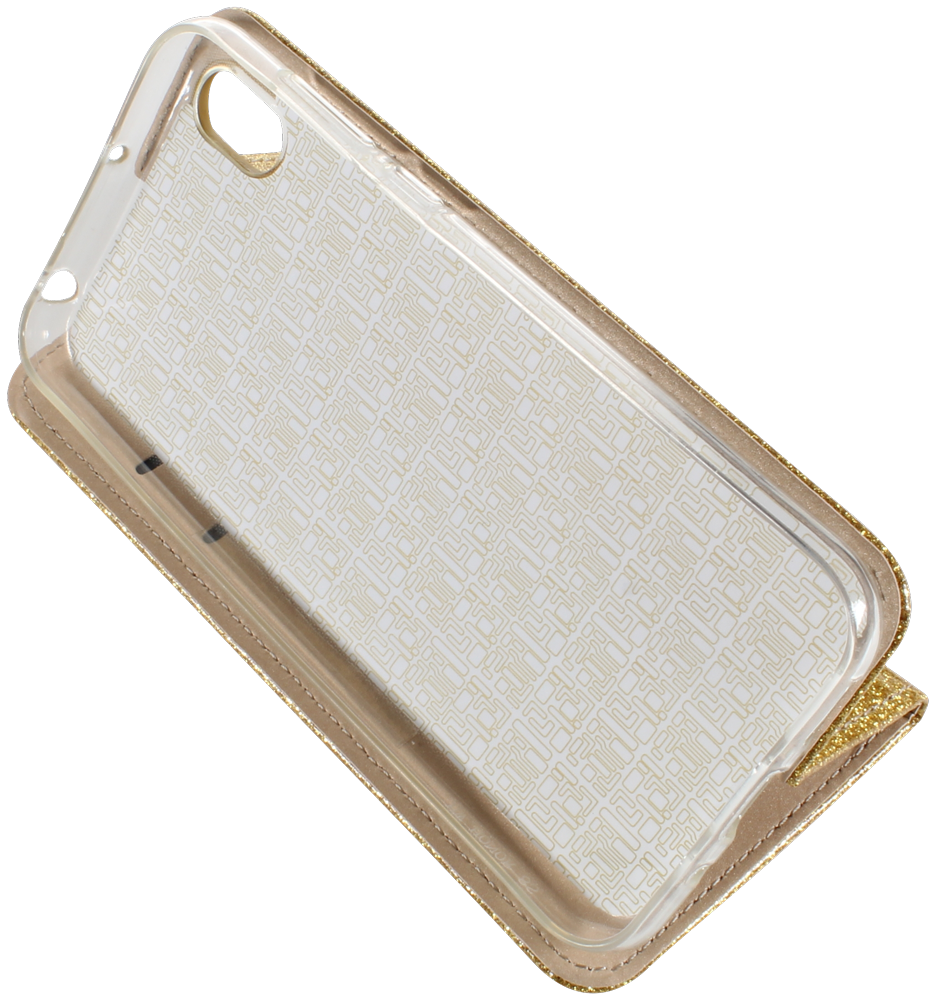 Huawei Y5 2019 oldalra nyíló flipes bőrtok csillámos arany