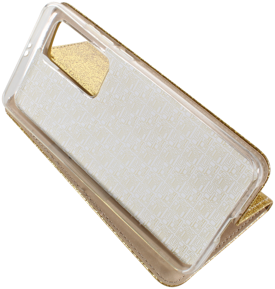 Huawei P40 Pro oldalra nyíló flipes bőrtok csillámos arany