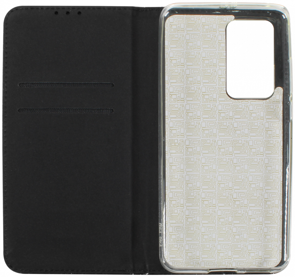 Huawei P40 Pro oldalra nyíló flipes bőrtok csillámos fekete