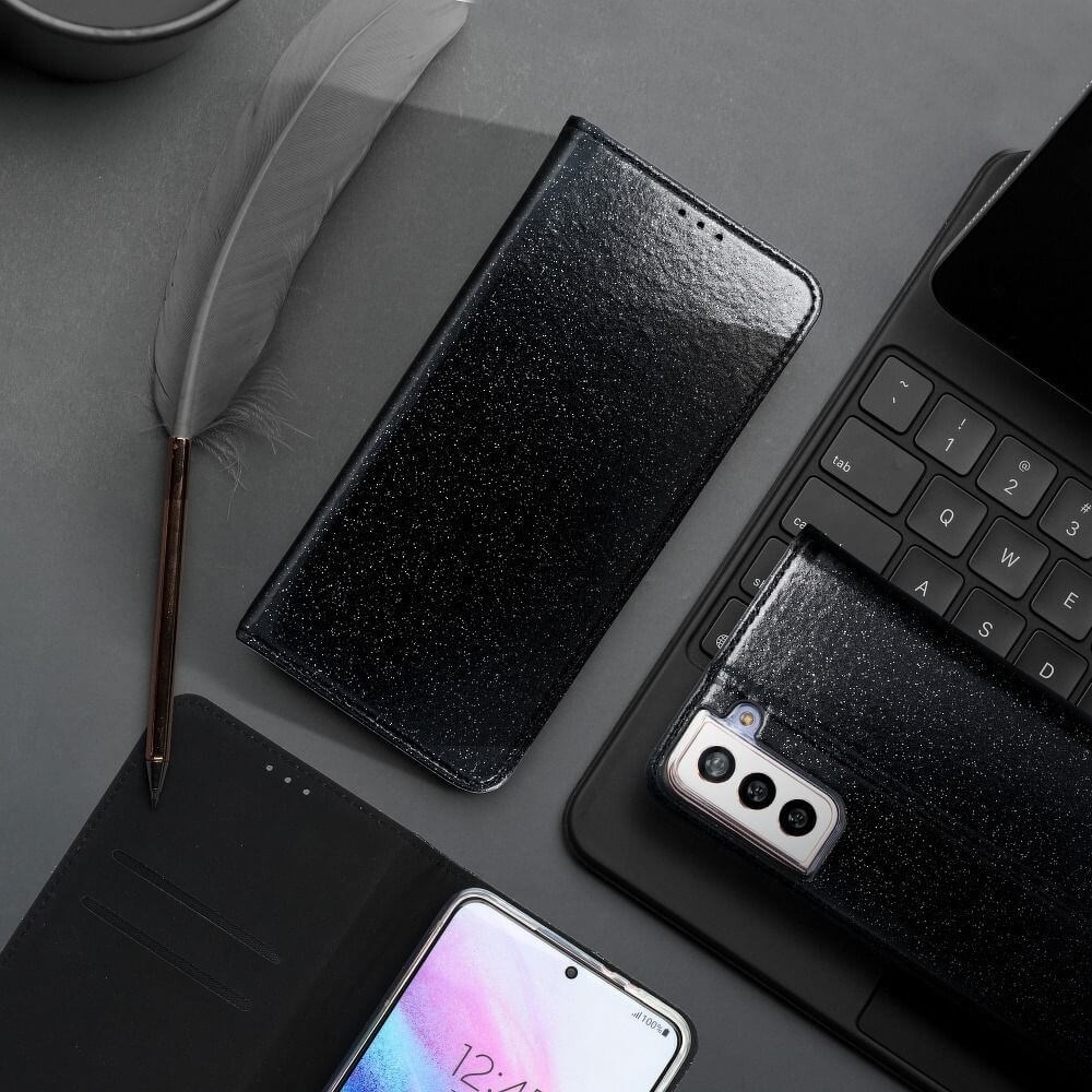 Huawei P40 oldalra nyíló flipes bőrtok csillámos fekete