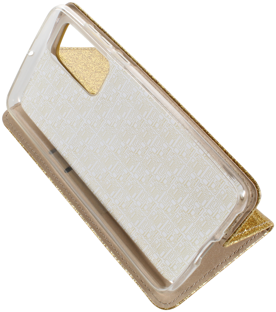 Huawei P40 oldalra nyíló flipes bőrtok csillámos arany