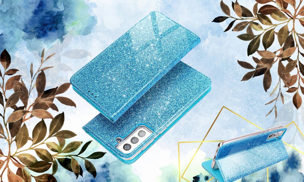 Huawei P40 Pro oldalra nyíló flipes bőrtok csillámos kék