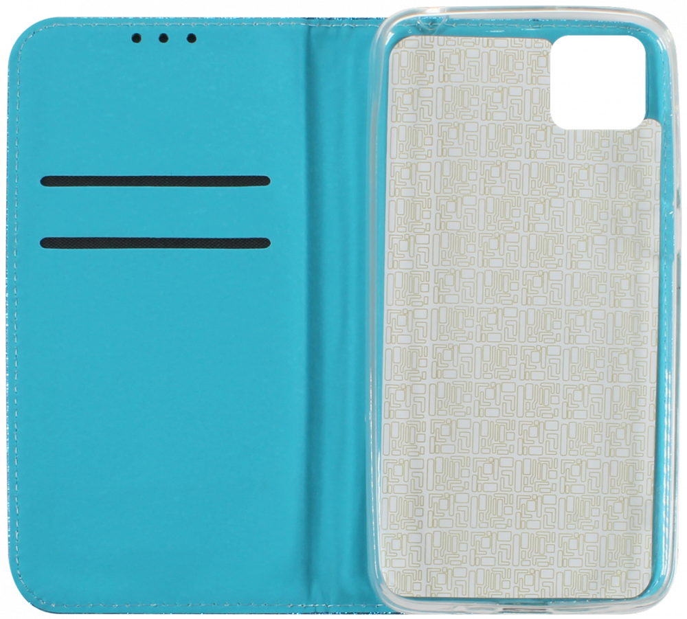 Huawei Y5P oldalra nyíló flipes bőrtok csillámos kék