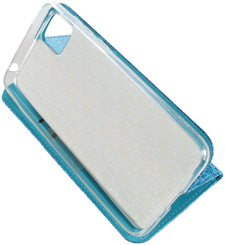 Huawei Y5P oldalra nyíló flipes bőrtok csillámos kék