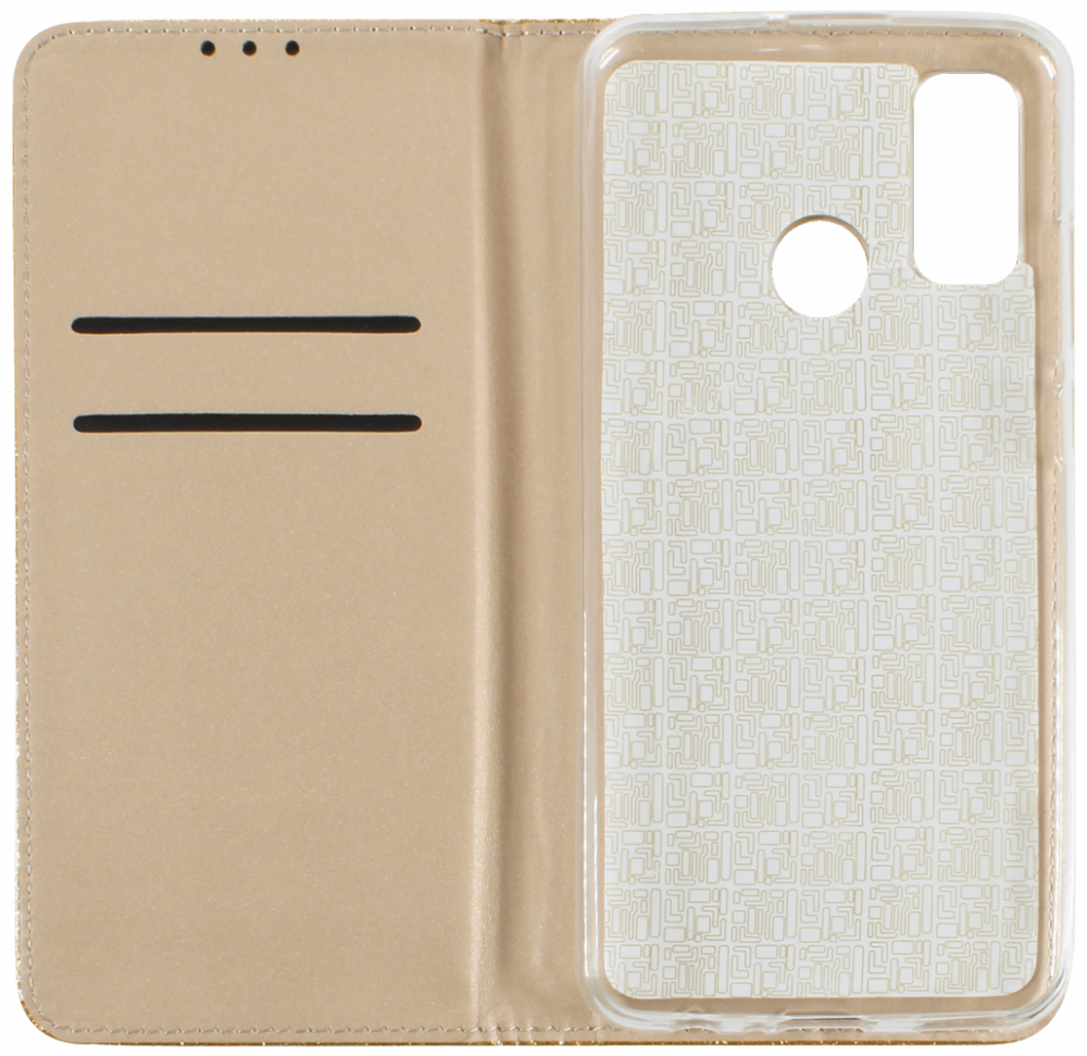 Huawei P Smart 2020 oldalra nyíló flipes bőrtok csillámos arany