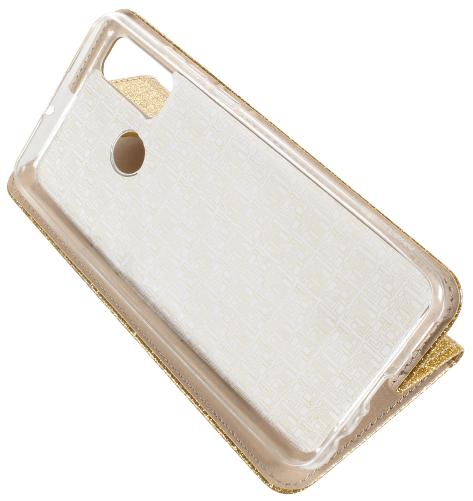 Huawei P Smart 2020 oldalra nyíló flipes bőrtok csillámos arany