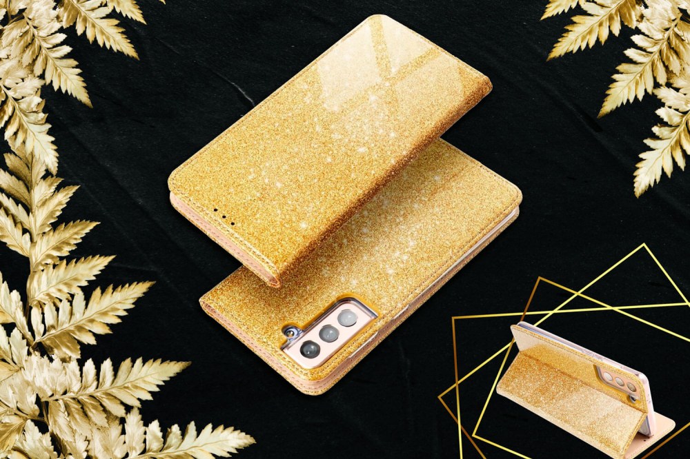 Huawei P Smart 2020 oldalra nyíló flipes bőrtok csillámos arany