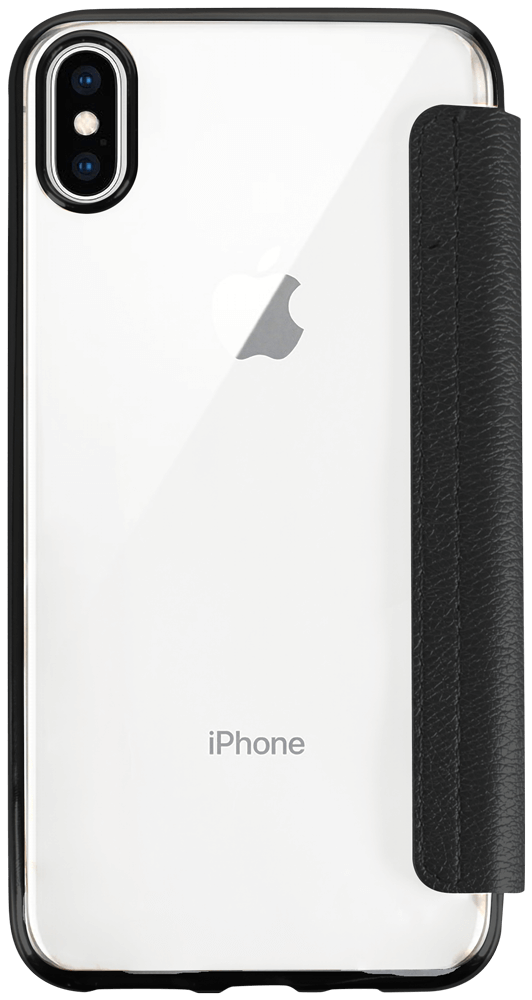 Apple iPhone XS Max oldalra nyíló flipes bőrtok átlátszó szilikon hátlap, fémhatású keret fekete