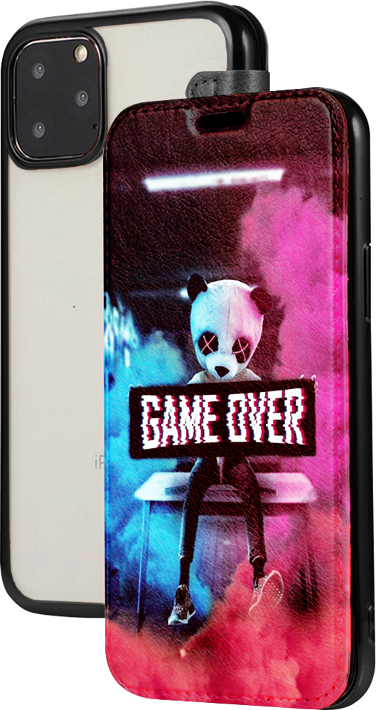 Apple iPhone XS Max oldalra nyíló flipes bőrtok átlátszó szilikon hátlap, fémhatású keret fekete