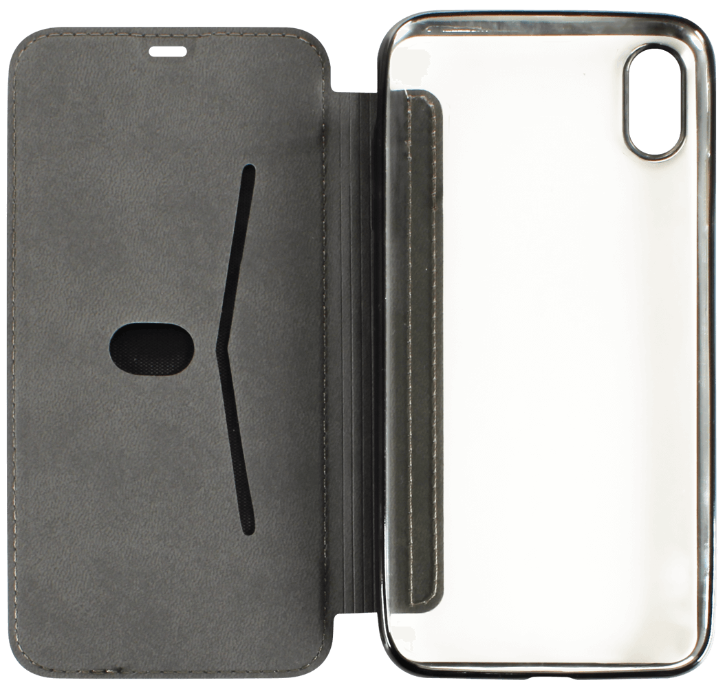 Apple iPhone XS Max oldalra nyíló flipes bőrtok átlátszó szilikon hátlap, fémhatású keret fekete