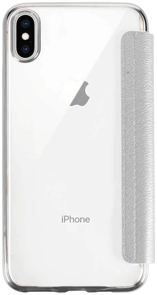 Apple iPhone XS Max oldalra nyíló flipes bőrtok átlátszó szilikon hátlap, fémhatású keret ezüst