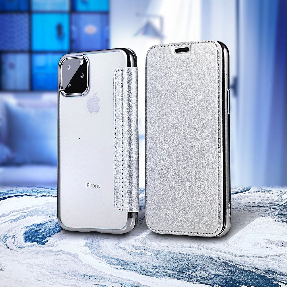 Apple iPhone XS Max oldalra nyíló flipes bőrtok átlátszó szilikon hátlap, fémhatású keret ezüst