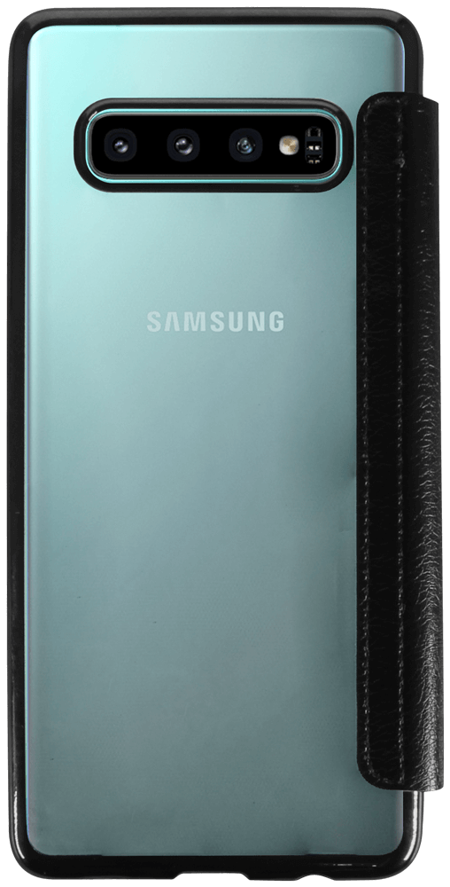 Samsung Galaxy S10 Plus (SM-G975) oldalra nyíló flipes bőrtok átlátszó szilikon hátlap, fémhatású keret fekete
