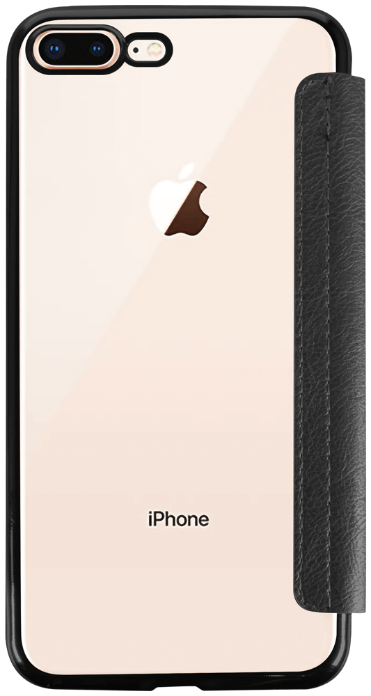 Apple iPhone 8 Plus oldalra nyíló flipes bőrtok átlátszó szilikon hátlap, fémhatású keret fekete