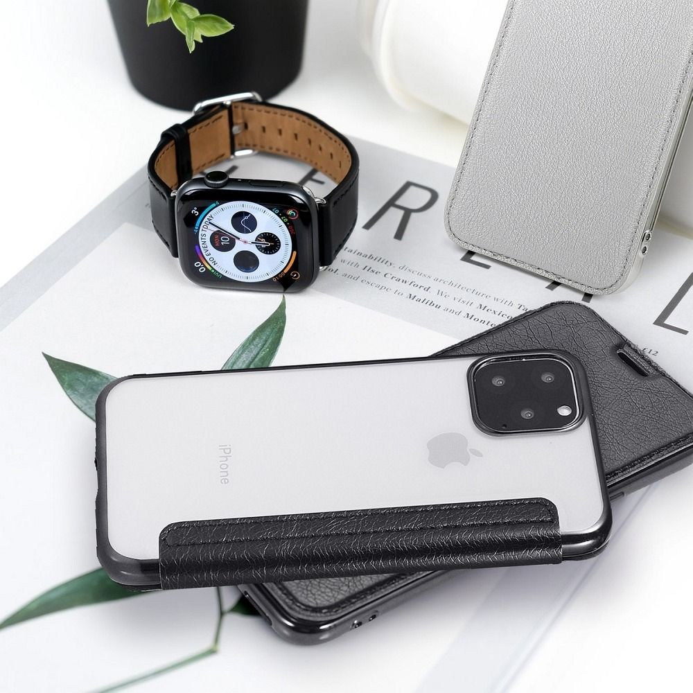 Apple iPhone 8 Plus oldalra nyíló flipes bőrtok átlátszó szilikon hátlap, fémhatású keret fekete