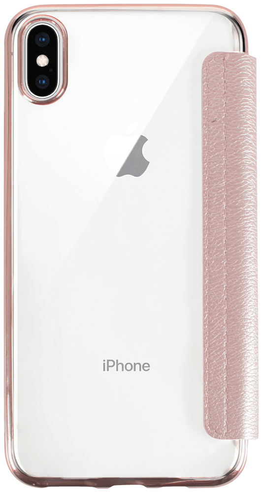 Apple iPhone XS Max oldalra nyíló flipes bőrtok átlátszó szilikon hátlap, fémhatású keret rozéarany