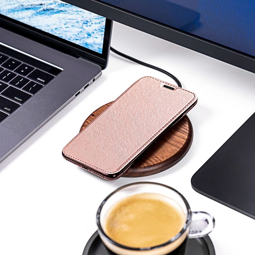 Apple iPhone XS Max oldalra nyíló flipes bőrtok átlátszó szilikon hátlap, fémhatású keret rozéarany