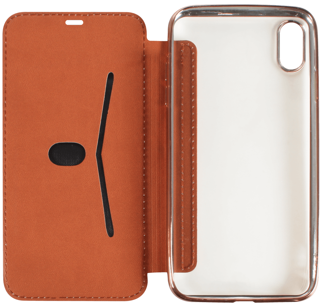 Apple iPhone XS Max oldalra nyíló flipes bőrtok átlátszó szilikon hátlap, fémhatású keret rozéarany